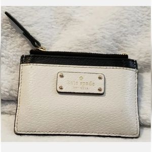 Kate Spade Jeanne Small Zip Leather Card Holder Wallet Ivory/Black  4.5”